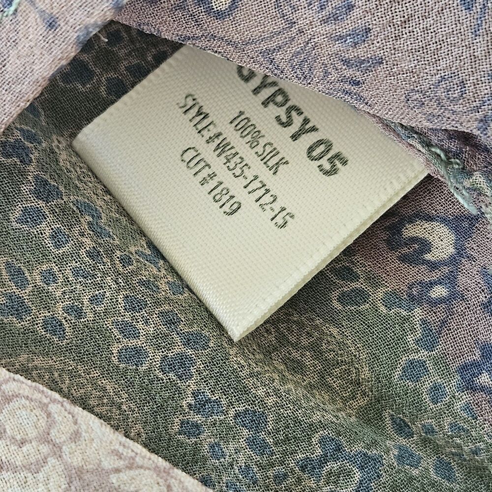 GYPSY Sz L Mauve Pink Green Floral Patchwork SILK SHEER PEASANT BLOUSE Tassels - Picture 4 of 8